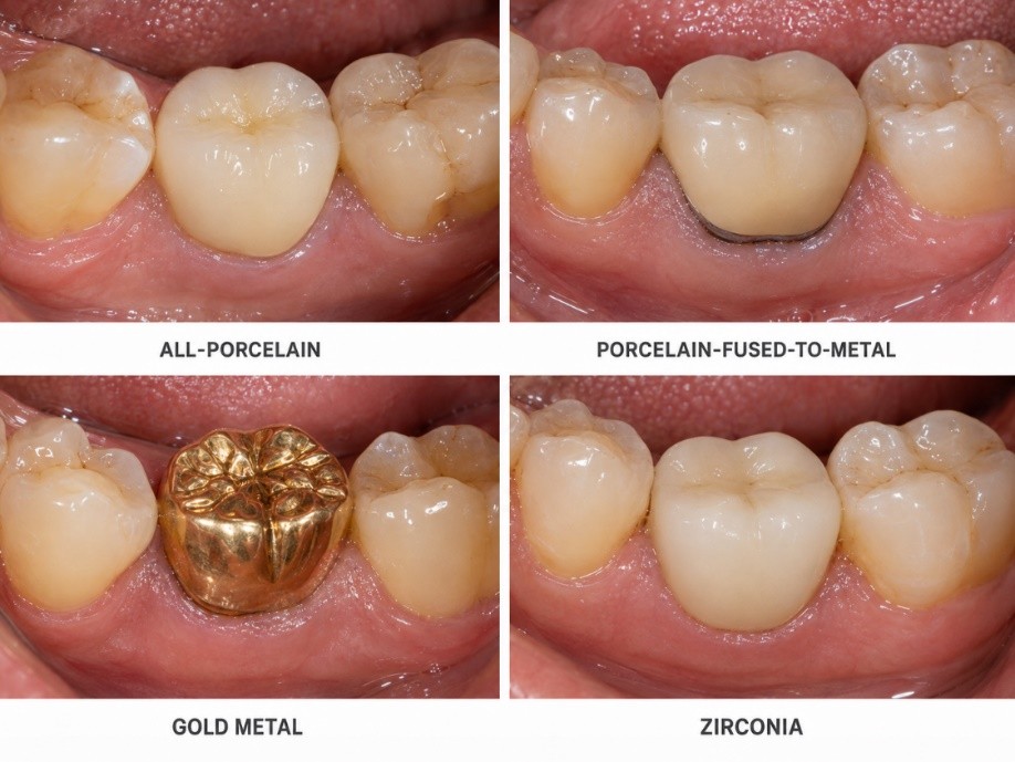 Four dental crowns in different materials shown side by side