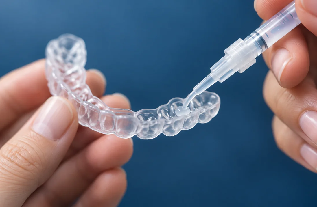 Custom take-home whitening tray being loaded with professional whitening gel