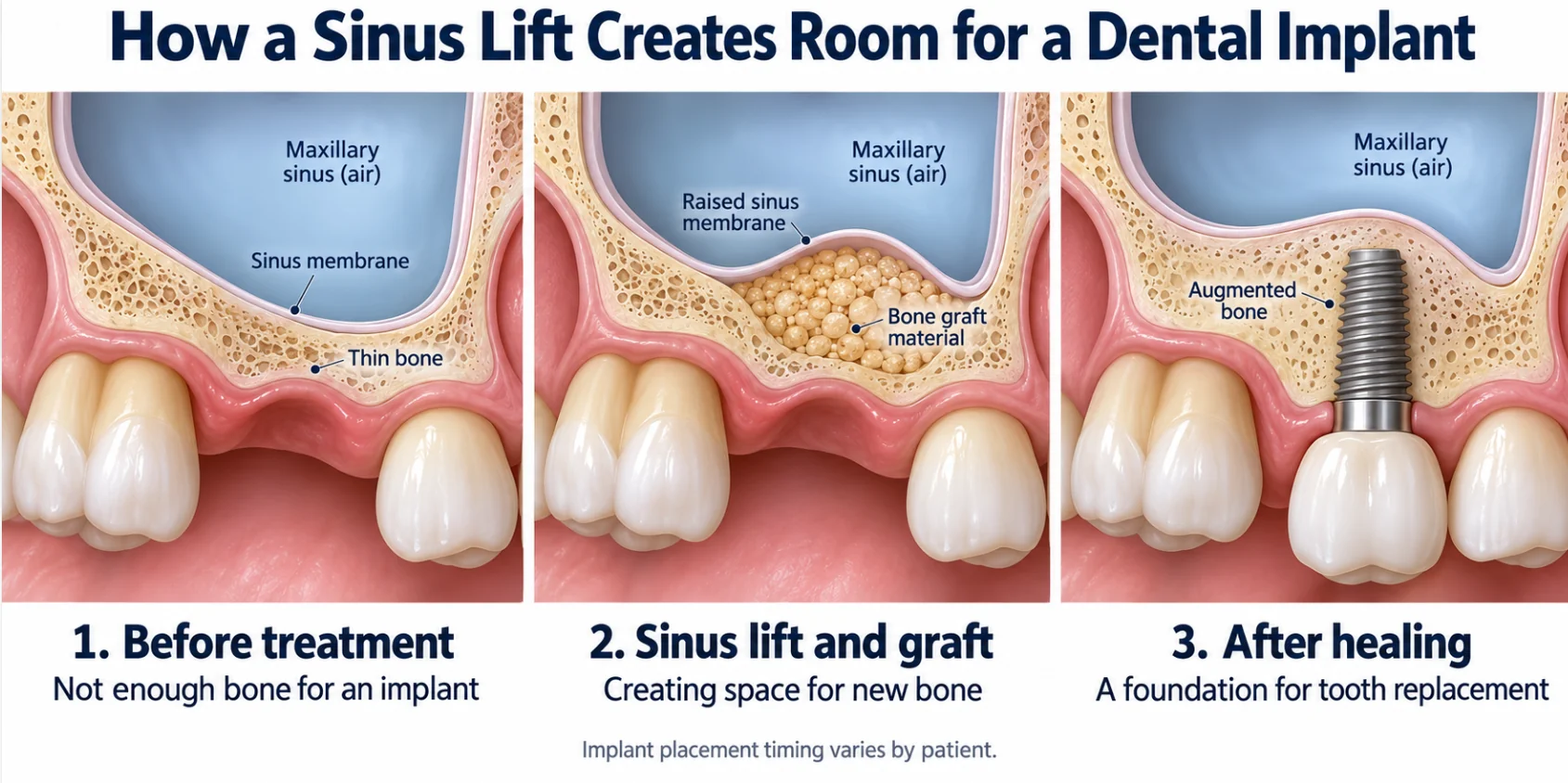 Three-panel diagram showing how a sinus lift raises the sinus membrane, adds bone graft material, and creates augmented bone for a dental implant