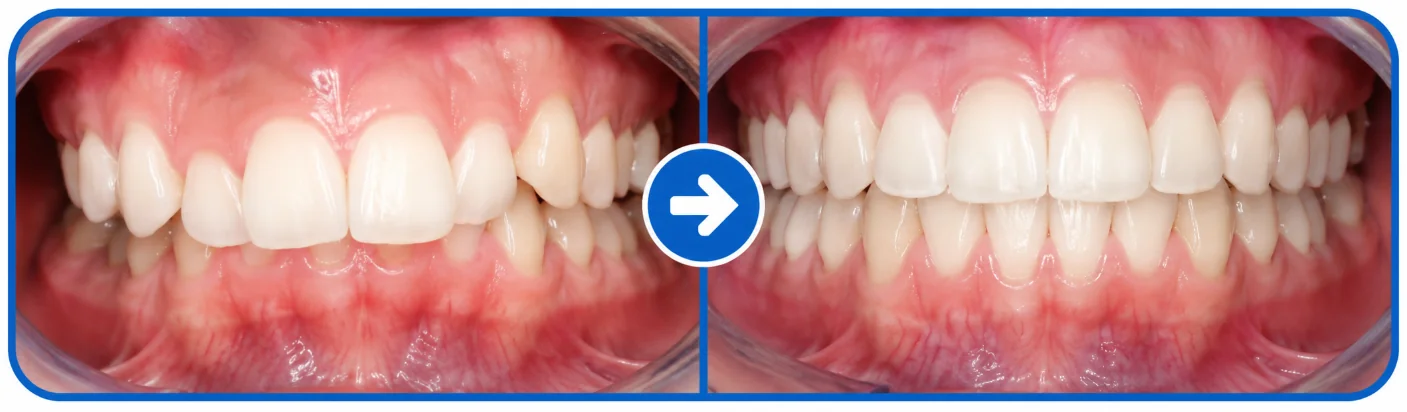 Before and after photos showing correction of a deep overbite with orthodontic treatment
