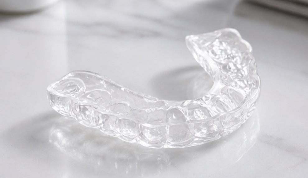 Custom dental nightguard and orthopedic repositioning appliance on a work surface