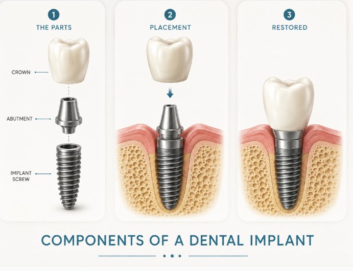 Diagram showing the three parts of a dental implant: the fixture in the jawbone, the abutment, and the crown