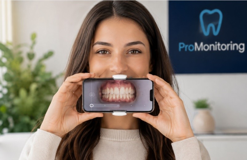 Patient using a smartphone and ScanBox Pro for remote aligner monitoring