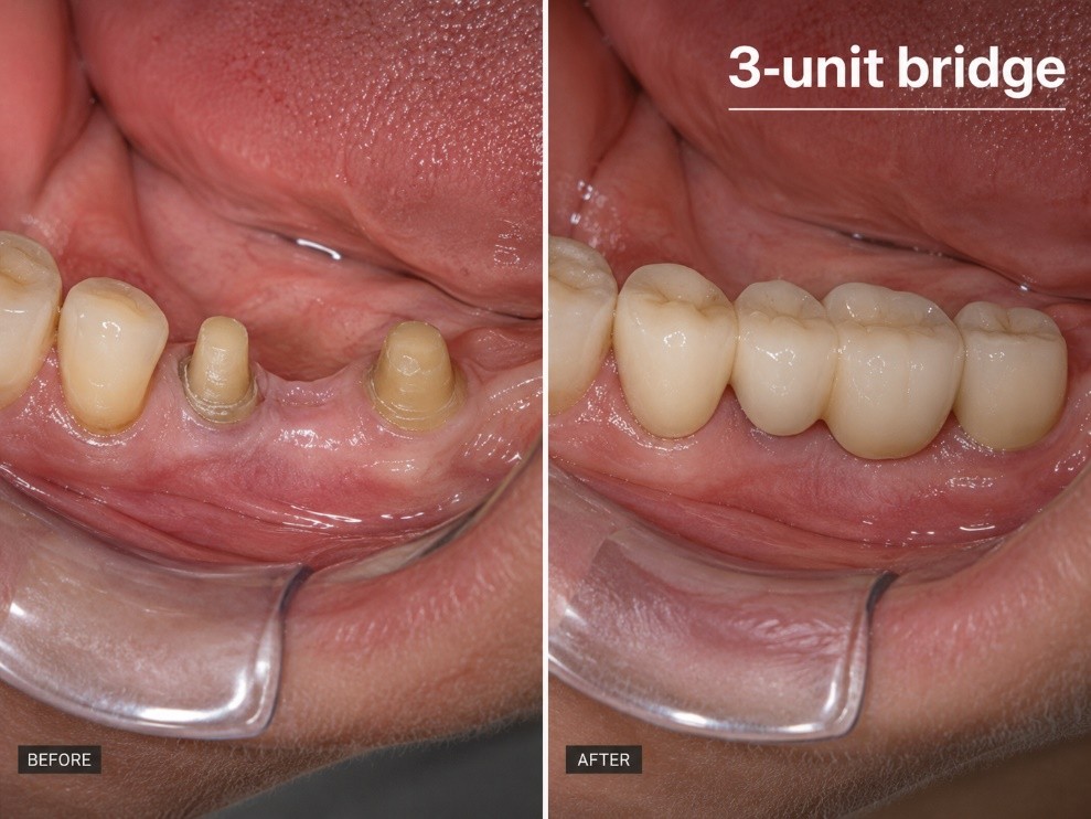 A fixed dental bridge with two supporting crowns and one replacement tooth