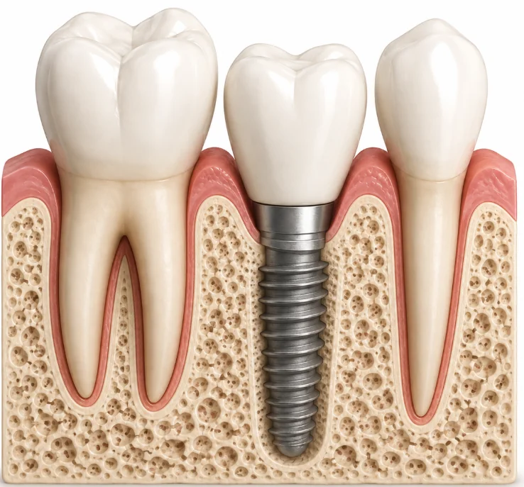 Cutaway diagram of a single dental implant supporting one crown between two natural teeth