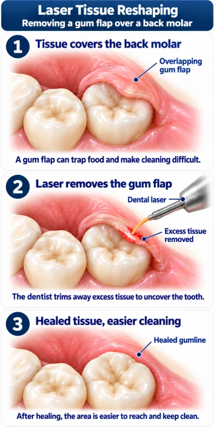 Laser tissue reshaping in three steps: a gum flap covers the back molar, a dental laser removes the excess tissue, healed gumline that is easier to keep clean