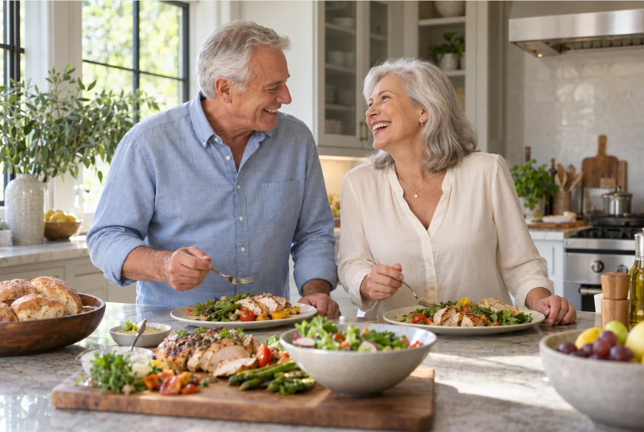 An older couple laughing together over a fresh, healthy meal at their kitchen counter