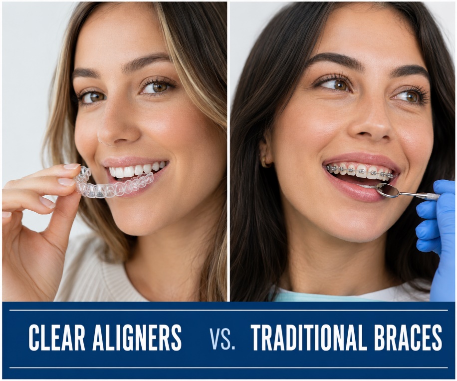 clear aligner tray next to traditional braces for comparison