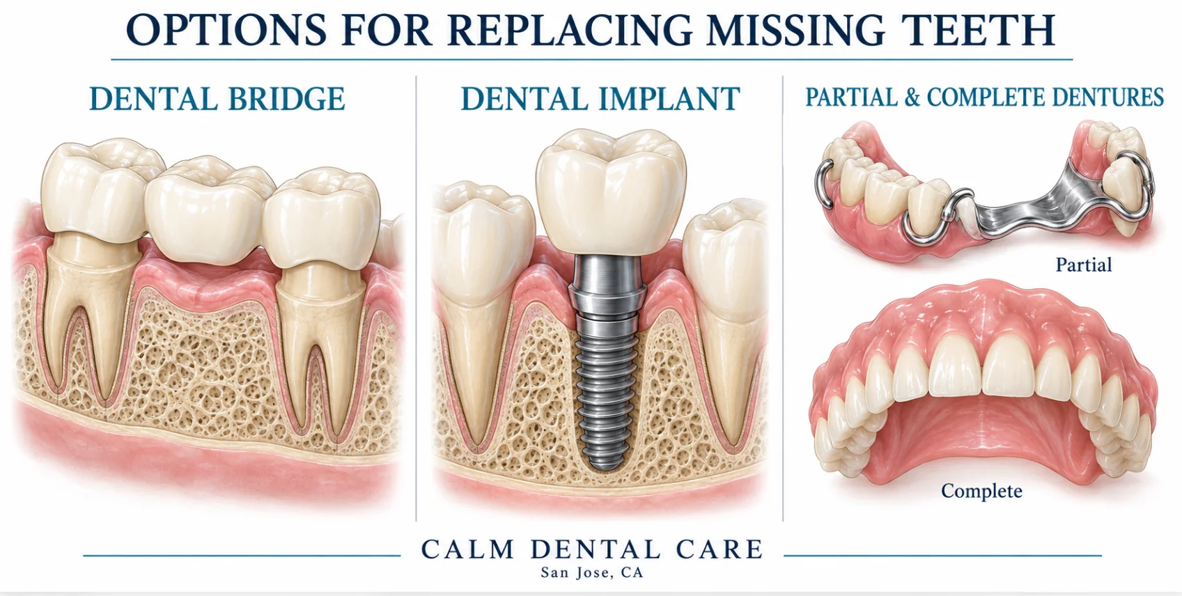Illustration comparing a dental bridge, a dental implant, and partial and complete dentures for replacing missing teeth