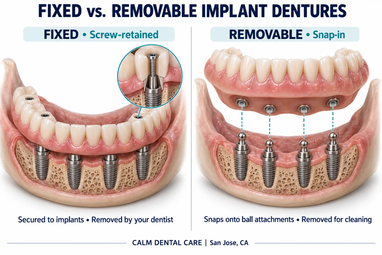 Comparison of a fixed screw-retained lower denture and a removable lower denture that snaps onto ball attachments on four implants