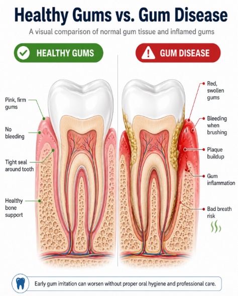 Illustration comparing healthy pink gums with red, inflamed gums affected by gum disease