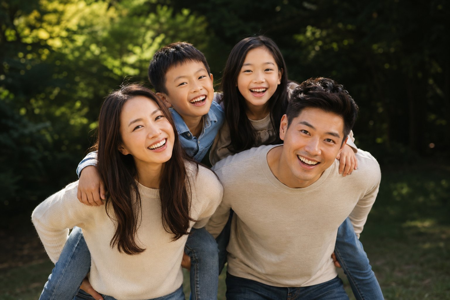 Smiling family of four outdoors enjoying life together with healthy smiles