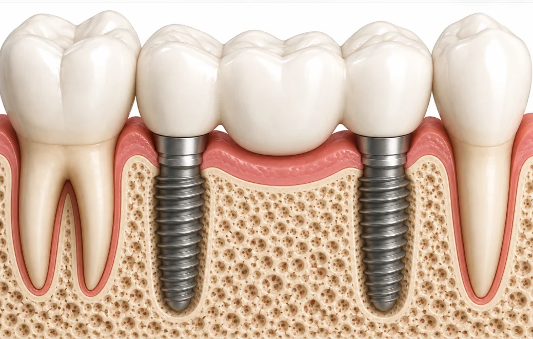 Cutaway diagram of two dental implants supporting a three-tooth bridge between natural teeth
