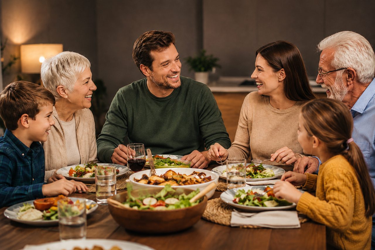 Three generations of a family enjoying a meal together with healthy smiles