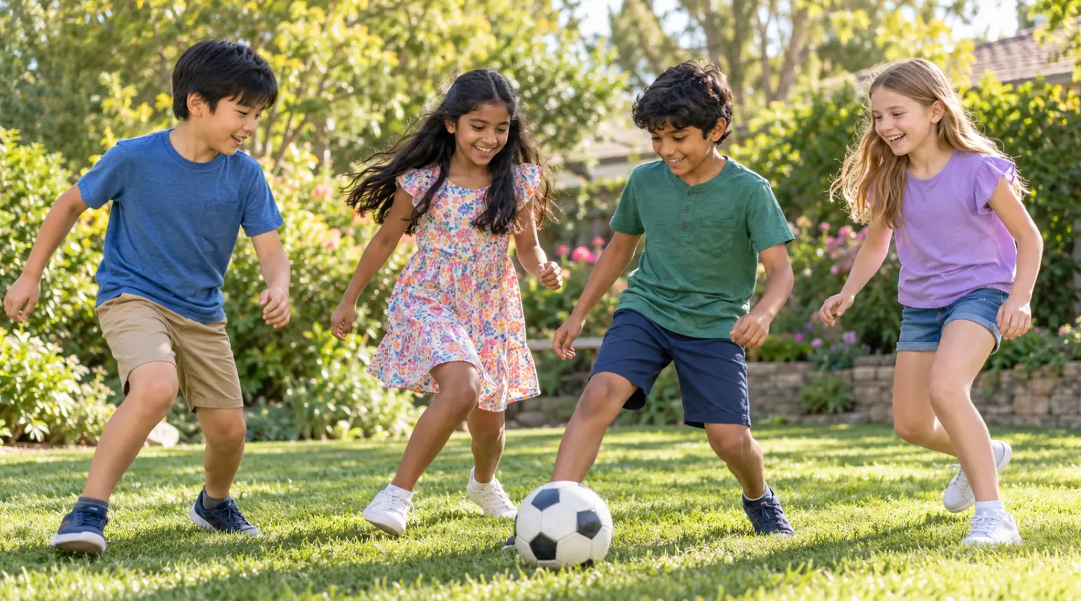 Children laughing and playing soccer together on a sunny lawn