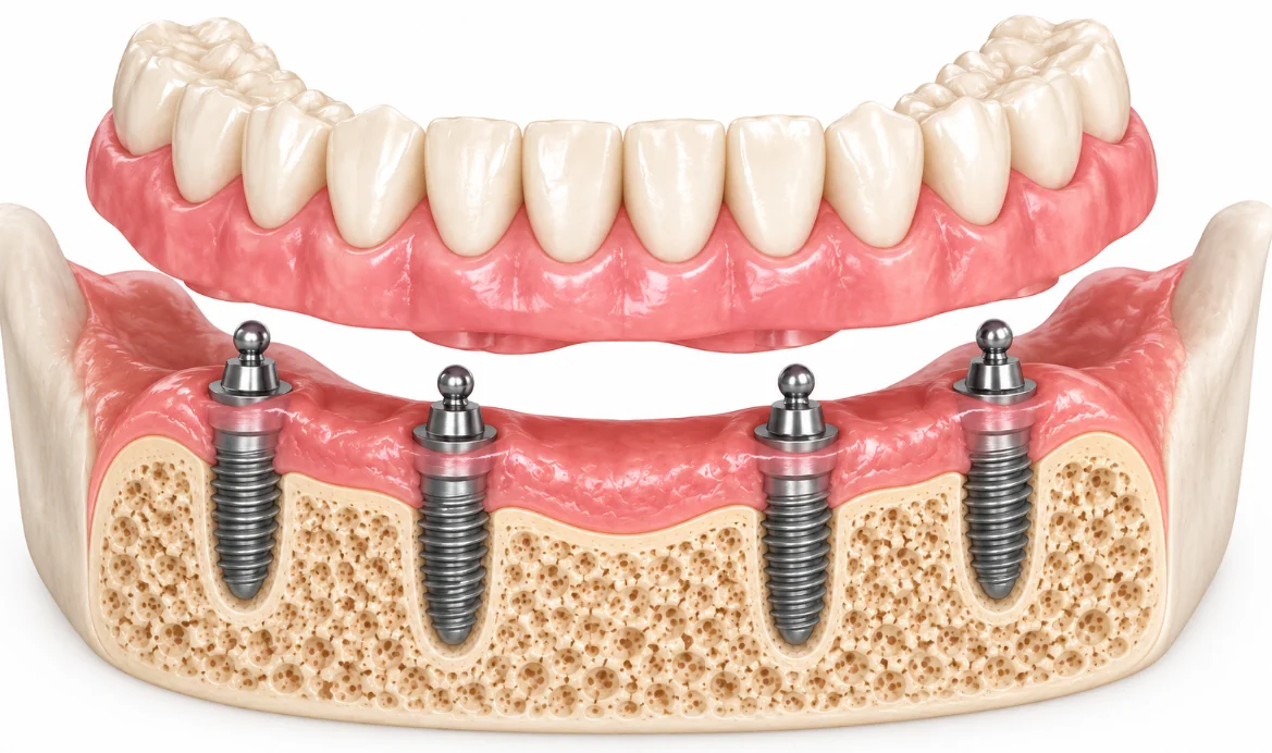 Cutaway diagram of an implant-supported lower denture snapping onto four implants in the jawbone