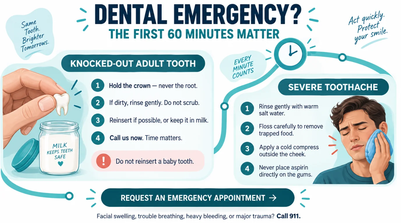 Dental emergency first aid guide: what to do for a knocked-out adult tooth and a severe toothache in the first 60 minutes