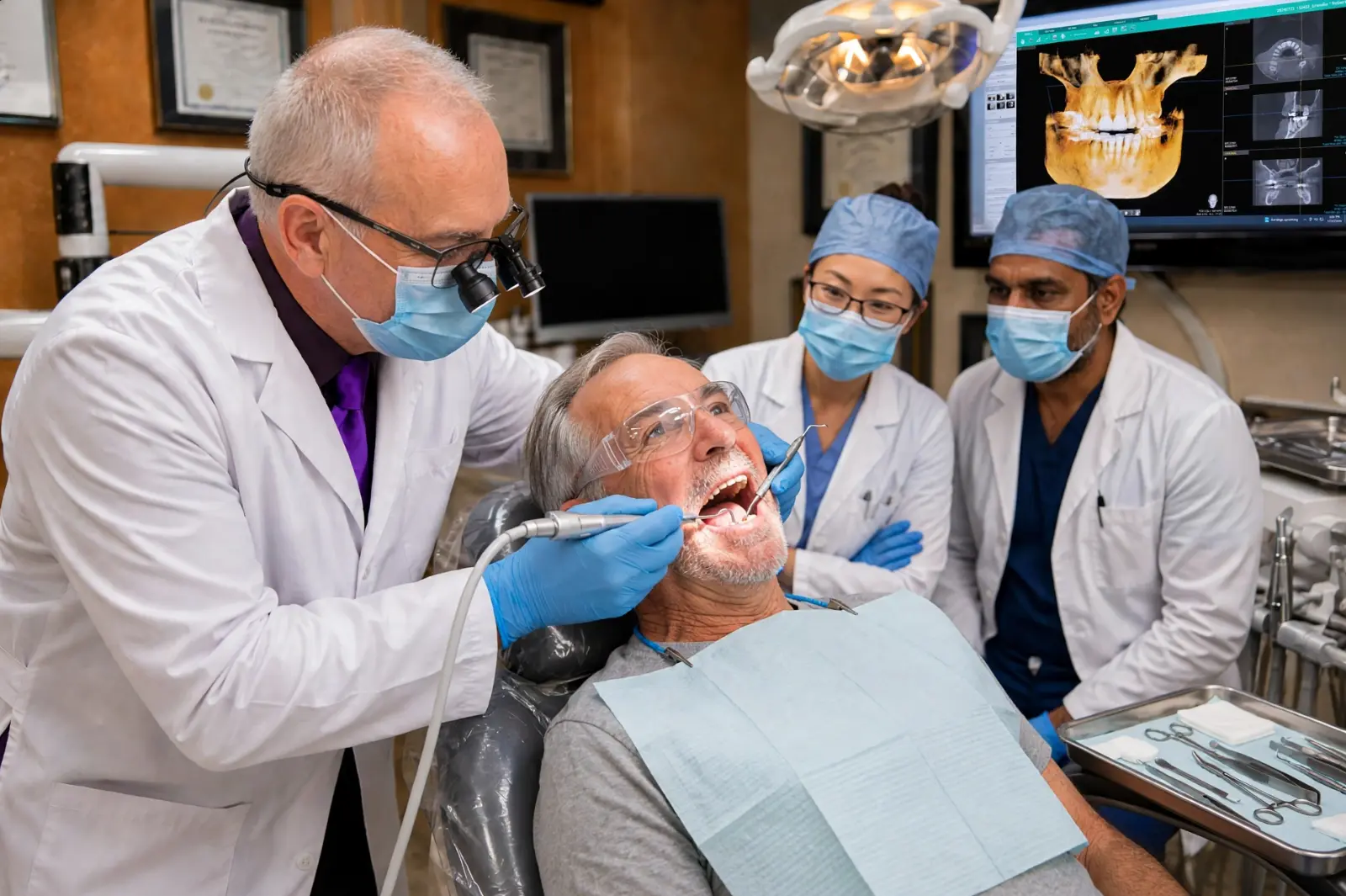Dr. Maxson performing live implant surgery with dentists observing beside the chair and a CBCT scan on screen