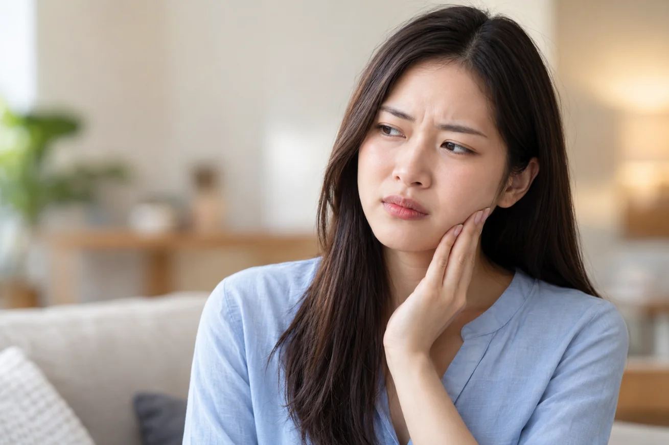 A woman at home holding her jaw in discomfort from wisdom tooth pain