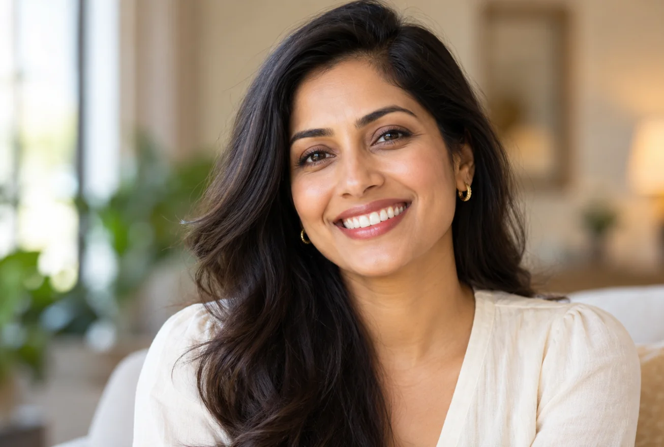 A woman with a bright, natural-looking porcelain veneer smile