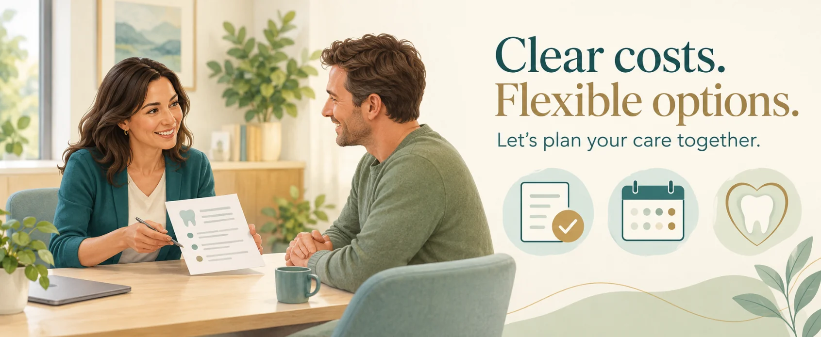 A dentist reviewing a clear treatment plan with a smiling patient, with the words Clear costs. Flexible options. Let's plan your care together.